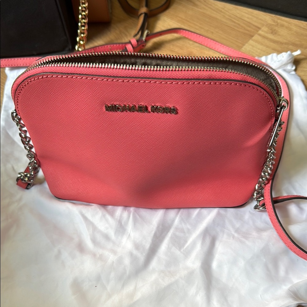 Michael Kors Pink Dome Crossbody Bag with Gold Chain